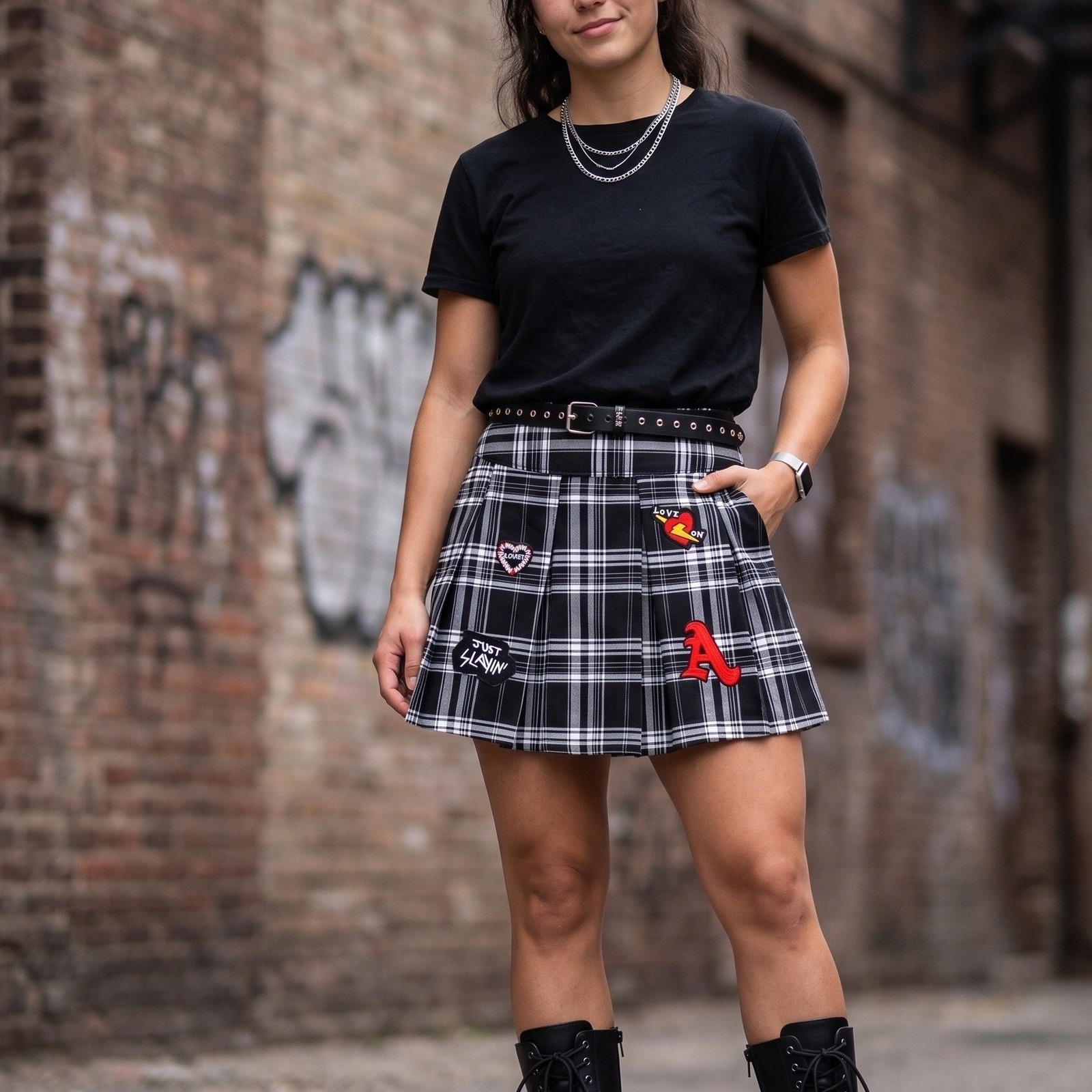 No Boundaries Pleated Mini Skirt Size L Black White Plaid Goth Academia Alt Emo